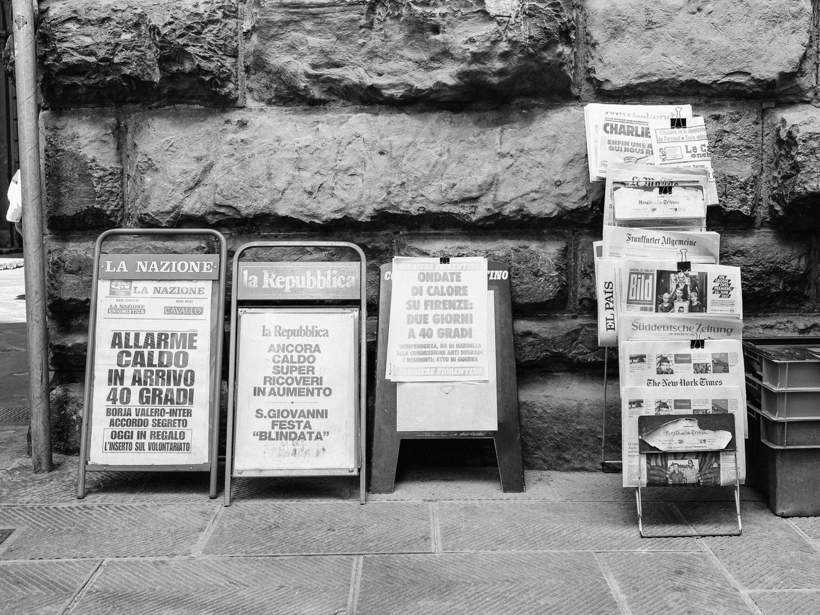 news stands black and white picture